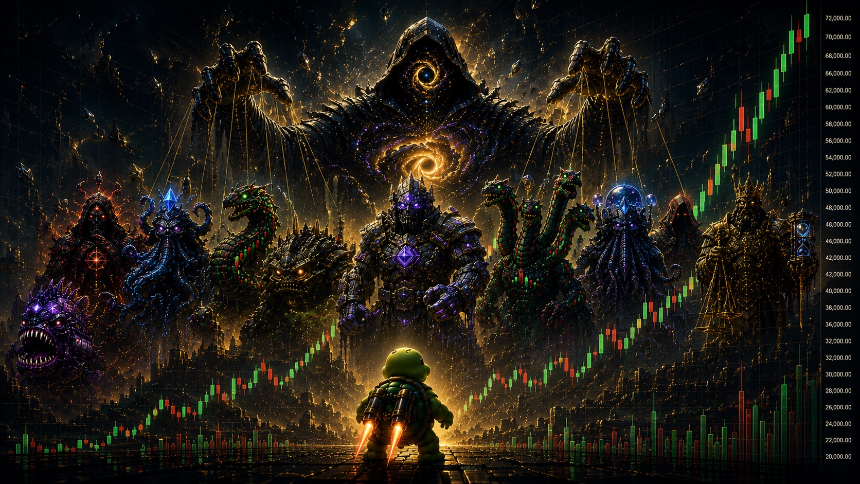 Finn the turtle stands before the eleven Guardian bosses on a rising candlestick chart